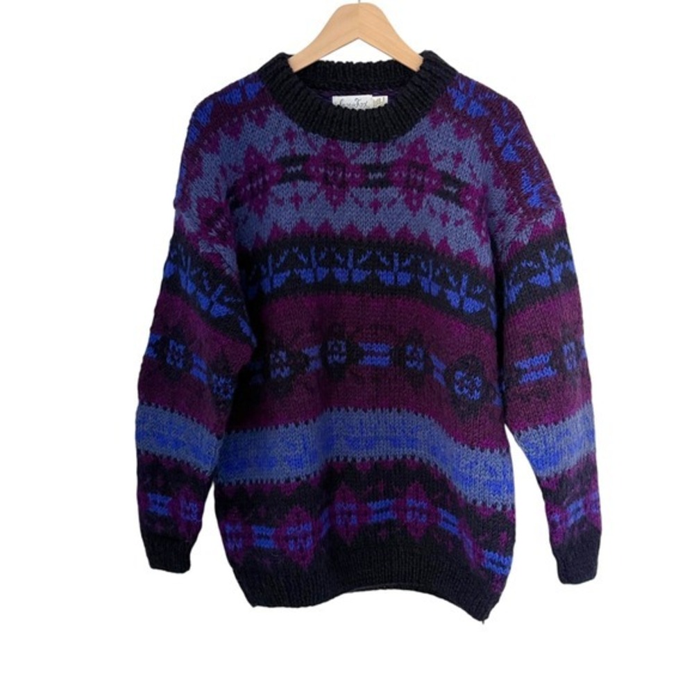 Vintage Snow Fox Himalayan Hand Knit Wool Sweater Fair Isle Oversized XL